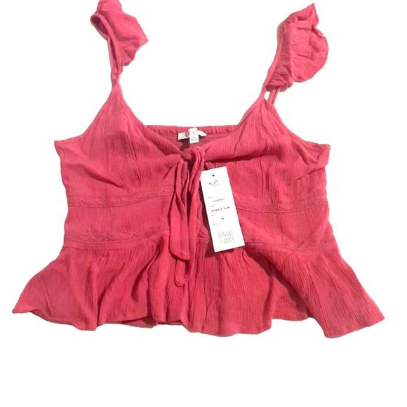 PATRONS OF PEACE Keyhole Crinkle Tank Ruffle Strap Bubble Gum NWT Medium - Picture 4 of 15